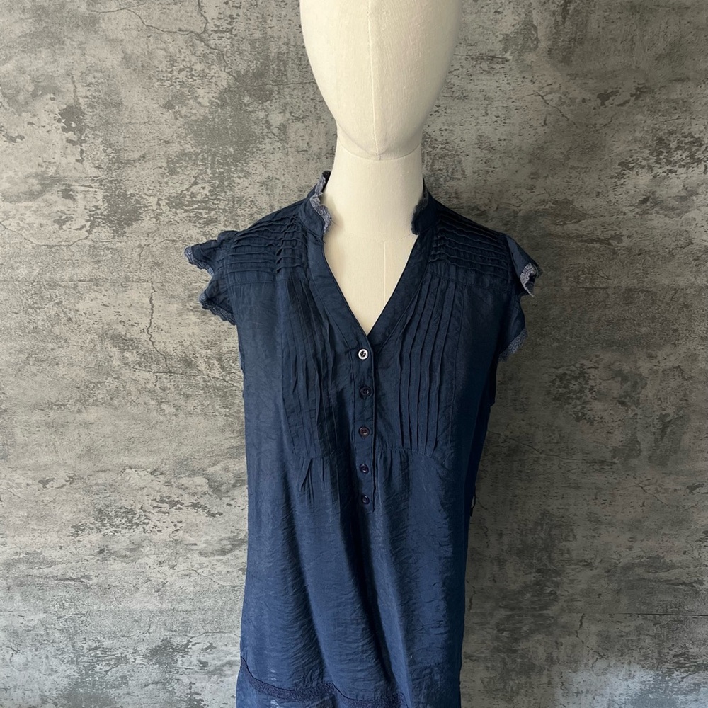 Edge Blue Cap Sleeve Mandarin Collar Blouse